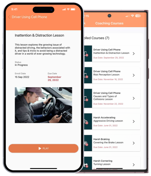 DriveShield driver scorecard showing safety scores, trends, and training progress